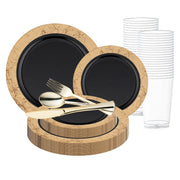 The Black with Gold Marble Rim Disposable Plastic Wedding Value Set by Smarty had a party features elegant plates, gold disposable cutlery (knife, fork, and spoon), and transparent plastic cups. This coordinated disposable dinnerware is perfect for serving 20 guests in style.