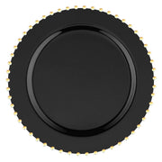 The Black with Gold Pearl String Round Disposable Plastic Dinner Plates (10”) boast a sleek black finish and a tasteful decorative rim adorned with small, evenly spaced gold dots. Their minimalist elegance makes them an ideal choice for formal dining settings or special occasions, offering the sophistication of black disposable dinner plates.