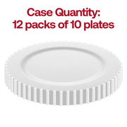 Image of a White Pearl String Round Disposable Plastic Dinner Plate with scalloped edges. Text above the plate reads, "Case Quantity: 12 packs of 10 disposable plastic dinner plates" in red letters. The plate is centered against a white background.