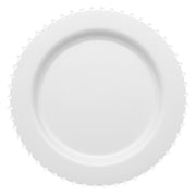 The White Pearl String Round Disposable Plastic Salad Plate features a 7-inch diameter with a smooth surface and an evenly spaced beaded rim decoration, showcasing a plain, minimalist design and a subtle pearl finish against its white background.