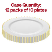 Image of a White with Gold Pearl String Round Disposable Plastic Salad Plate. Above the plate, bold red text reads: "Case Quantity: 12 packs of 10 disposable plastic salad plates." Perfect for an elegant table setting.