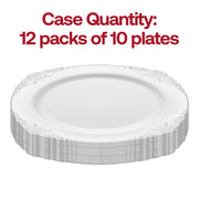 A stack of White with Silver Fancy Round Disposable Plastic Dinner Plates (10.25”) with intricate border designs is shown. The red text above reads, "Case Quantity: 12 packs of 10 disposable plastic dinner plates.