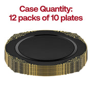 A stack of **Black with Gold Fancy Round Disposable Plastic Salad Plates (7.5”)** is shown. Text above the plates reads, "Case Quantity: 12 packs of 10 plates." The elegant tableware is displayed in a neat pile, highlighting their decorative design and quantity.