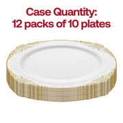 An image depicts a stack of White with Gold Fancy Round Disposable Plastic Salad Plates (7.5”), each plate featuring an exquisite gold filigree pattern along the edges. Above the stack, bold red text reads, "Case Quantity: 12 packs of 10 plates." These elegant disposable dinnerware pieces add a touch of sophistication to any event.