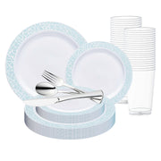 Introducing the White with Turquoise Blue and Silver Mosaic Rim Round Plastic Wedding Value Set by Smarty had a party—a collection of elegant white disposable dinnerware featuring striking turquoise blue and silver mosaic patterns. This set is accompanied by stacked transparent plastic cups and gleaming silver plastic flatware, including spoons, forks, and knives. Perfectly designed for a table setup at casual or outdoor events, this arrangement offers service for 120 guests.