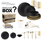 An image showcasing a product advertisement for Smarty Had A Party features the Black with Gold Organic Disposable Plastic Tableware Set. The set includes sophisticated pieces such as dinner plates, bowls, cups, and gold-colored cutlery. Additionally, a cardboard box with "What's in the BOX?" text and a "Free Shipping" icon is prominently displayed.