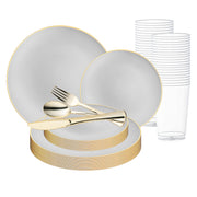 The Gray with Gold Organic Round Disposable Plastic Wedding Value Set by Smarty had a party includes elegant gold-rimmed white plates of various sizes, gold-colored cutlery (fork, knife, and spoon), and a stack of clear plastic BPA-free cups. This neatly arranged disposable tableware is perfect for a large gathering or service for 120.