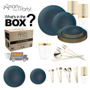 Image showing a set of elegant Navy with Gold Organic Disposable Plastic Tableware Set by Smarty Had A Party. The 120 settings include navy dinner plates with gold, gold-lined clear cups, and matching gold forks, knives, and spoons. The boxed package features "What's in the box?" text and a "Free Shipping" label.