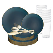 The Smarty had a party Navy with Gold Rim Organic Round Disposable Plastic Wedding Value Set includes elegant blue dinnerware with gold rims, comprising large and small plates, and gold-colored cutlery (fork, knife, spoon) placed on top. This BPA-free set is perfect for any sophisticated event.