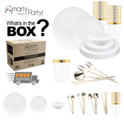 A box labeled "Smarty Had a Party" is surrounded by the White Organic Disposable Plastic Tableware Set, featuring white dinner plates and bowls, gold-accented cutlery including dinner forks, gold-rimmed clear plastic cups, and white and gold-striped paper cups. Text reads "What's in the BOX?" and "Free Shipping.