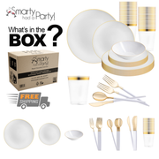 The image displays a Smarty had a Party box containing the White with Gold Organic Disposable Plastic Tableware Set, including dinner plates, bowls, cups, and gold utensils. Above the box is text asking "What's in the BOX?" and below it is a graphic offering "FREE SHIPPING".