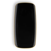 A Black with Gold Rim Flat Raised Edge Rectangular Disposable Plastic Plate (10.6" x 5") with rounded edges and a glossy finish. The elegant plate enhances your table setting while providing the convenience of being disposable.