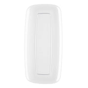 A sleek white, rectangular wireless doorbell with rounded edges and a centered, elongated button. The minimalist design boasts a smooth surface and a slightly raised central panel for the button, resembling stylish Solid Clear Flat Raised Edge Rectangular Disposable Plastic Plates (10.6" x 5").