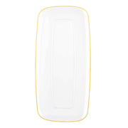 A Clear with Gold Rim Flat Raised Edge Rectangular Disposable Plastic Plate (10.6" x 5") with slightly curved edges and a thin gold rim around the edge. The plate has a smooth, glossy surface and is empty. The background is plain white.