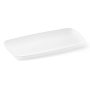 A Solid White Flat Raised Edge Rectangular Disposable Plastic Plate (10.6" x 5") is displayed against a plain white background. The plate features a minimalist, unadorned design with slightly curved, raised edges that make it perfect for various dining settings.