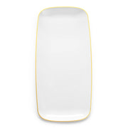 The White with Gold Rim Flat Raised Edge Rectangular Disposable Plastic Plates (10.6" x 5") feature a sleek design with slightly rounded corners, a thin gold border around the edge, and a smooth, glossy surface. These plates are perfect for those seeking sophisticated disposables for special occasions.