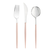 The Silver with Pink Handle Moderno Disposable Plastic Cutlery Set is displayed against a white background. The set includes 20 spoons, 20 forks, and 20 knives, each featuring a shiny stainless steel head paired with a slim, light pink handle for a sleek and modern look.