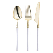 A set of elegant Kaya Collection Gold with White Handle Moderno Disposable Plastic Cutlery Set - 20 Spoons, 20 Forks and 20 Knives, all with gold-toned heads and white handles, arranged side by side on a plain white background.