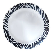 A Kaya Collection 7.5" round disposable plastic appetizer/salad plate featuring a bold black zebra-print pattern around its rim. The contrasting white and black design adds a striking, safari-inspired touch, and the glossy surface reflects light beautifully.