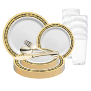 The Smarty had a party "White with Black and Gold Royal Rim Plastic Wedding Value Set" includes elegant BPA-free white plates adorned with gold and black decorative borders, clear plastic cups, and gold-colored plastic cutlery comprising a fork, knife, and spoon. This disposable dinnerware set serves 20 guests and is beautifully displayed against a white background.