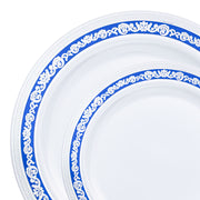 Two plates from the Kaya Collection's White with Blue and Silver Royal Rim Plastic Dinnerware Value Set feature ornate blue and white floral and vine patterns along the edges. The intricate designs add a touch of elegance to these otherwise simple items. The larger plate showcases a more complete design, with the smaller plate slightly overlapping it, reminiscent of traditional blue and silver rim plates.