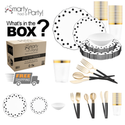 Image showcasing the White with Black Blossom Dots Disposable Plastic Tableware Set, which includes plates adorned with black and white polka dots, dinner forks, gold and black cutlery, gold-rimmed plastic cups, and soup spoons in a bowl. A box displays the text "Smarty had a Party!" along with "What's in the Box?" and features a "Free Shipping" truck icon.