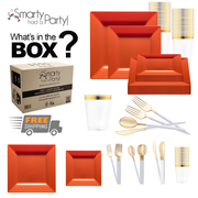 An image features a Burnt Orange Square Disposable Plastic Tableware Set from "Smarty Had a Party." The set includes burnt orange square disposable dinner plates, clear plastic cups with a gold rim, and gold and white plastic silverware (forks, knives, spoons). A cardboard box and free shipping symbol are also shown.