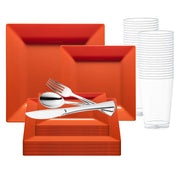 A vibrant set from Smarty had a party, the Burnt Orange Square Plastic Plates Wedding Value Set, is displayed. The service for 120 includes two different sizes of burnt orange square plates stacked together, a bundle of clear plastic cups, and metal cutlery consisting of a knife, fork, and spoon placed on top of the plates.