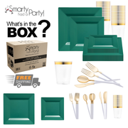 Image featuring an advertisement for the Hunter Green Square Disposable Plastic Tableware Set by "Smarty Had a Party." The image showcases hunter green square dinner plates, clear cups with gold rims, gold and white plastic cutlery, a cardboard shipping box, and a "Free Shipping" truck icon. A sign reads, "What's in the BOX?