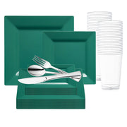 The Hunter Green Square Plastic Plates Wedding Value Set by Smarty had a party features an assortment of green square plates in various sizes, designed as recyclable party supplies. Each plate is stylishly paired with silverware, including a knife, fork, and spoon placed on top. In the background, transparent plastic cups are neatly stacked. This comprehensive service for 120 ensures that all guests are well accommodated at your next big event.