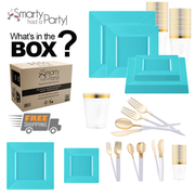 Image depicting the contents of a party supplies box from "Smarty Had a Party." The box contains items from the Sea Aqua Square Disposable Plastic Tableware Set, including sea aqua square dinner plates, gold and white cutlery with gold handles, and clear plastic cups with gold rims. Text reads "What's in the BOX?" and there's a "Free Shipping" label next to an image of a delivery truck.