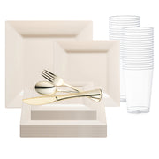 The Ivory Square Plastic Wedding Value Set by Smarty Had a Party includes elegant ivory plates of varying sizes, paired with gold flatware that features a fork, spoon, and knife. Transparent plastic cups are neatly stacked on the right side, completing this disposable party tableware collection.