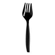 Introducing the Black Disposable Plastic Serving Fork: a sleek, three-tined fork showcased on a plain white backdrop. With its shiny surface and minimalist, modern design, this fork is the perfect choice for catering events. Its durability and disposability make it an ideal combination of convenience and style.