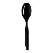 Displayed against a plain white background is one of the Black Disposable Plastic Serving Spoons, showcasing its glossy finish. This versatile utensil features a smooth, sleek design and a slightly tapered handle, making it an ideal addition to any elegant table setting.