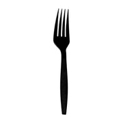 A Black Plastic Disposable Fork with four tines is centered on a plain white background. This BPA-free utensil boasts a sleek and modern design with a glossy finish, perfect for any meal.