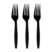 Three identical Black Plastic Disposable Forks are neatly aligned side by side, facing up on a white background. Each fork is black, BPA-free, and has four prongs. They are spaced evenly apart from one another.