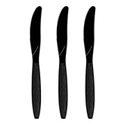 Three Black Plastic Disposable Knives are arranged vertically side by side against a white background. Each BPA-free knife features a smooth handle and a slightly curved blade edge.