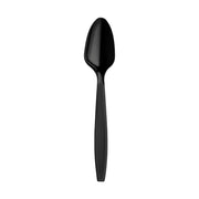 A Black Plastic Disposable Spoon with a sleek, minimalist design is centered on a white background. The BPA-free spoon features a matte finish and has a slightly elongated bowl and handle.