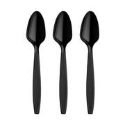 Three Black Plastic Disposable Spoons are arranged in a vertical row against a white background. Each spoon boasts a sleek, modern design with a glossy finish on the bowl and a matte handle. These BPA-free, disposable spoons are identical in size and shape.