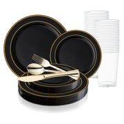 Black with Gold Edge Rim Plastic Wedding Value Set