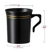 8 oz. Black with Gold Edge Rim Round Plastic Coffee Mugs Dimension | Smarty Had A Party