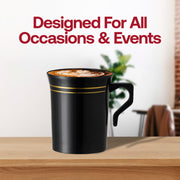 8 oz. Black with Gold Edge Rim Round Plastic Coffee Mugs Lifestyle | Smarty Had A Party