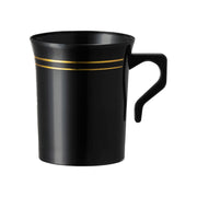 8 oz. Black with Gold Edge Rim Round Plastic Coffee Mugs Main | Smarty Had A Party