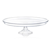 The Kaya Collection 10.5" Clear Small Round Plastic Cake Stand features a round, flat top and a sturdy, geometric base. Perfect for an elegant dessert display, the stand is empty and sits against a plain white background.