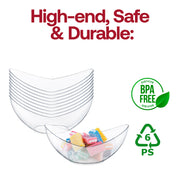 Image of a set of clear plastic concave cups with text that reads “High-end, Safe & Durable” at the top. The image includes "Certified BPA Free" and recycling symbols, highlighting their quality comparable to recyclable plastic cups. One cup is filled with colorful, rectangular candy pieces.

