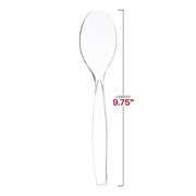 Image of a Clear Disposable Plastic Serving Spoon with a measured length of 9.75 inches indicated beside it. The premium serving spoon has a smooth, translucent handle and a standard oval-shaped bowl.