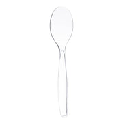 The Clear Disposable Plastic Serving Spoons, featuring a slightly curved handle, are displayed isolated on a plain white background. The spoons boast a simple design and appear clean and unused, making them ideal for disposable use at gatherings.