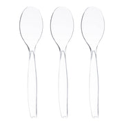 Three Clear Disposable Plastic Serving Spoons are arranged vertically in a row against a plain white background. The spoons, made of clear plastic and free from BPA, are identical in size and shape, featuring elongated handles and oval-shaped heads.