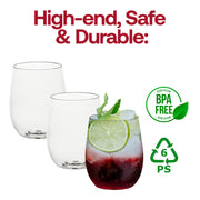 An image displays elegant plastic drinkware: three stemless wine glasses, two empty and one filled with a red beverage, ice, mint, and a lime slice. Text reads "High-end, Safe & Durable:" accompanied by a BPA free certified logo and recycling symbol (number 6 PS). The product is the 12 oz. Clear Elegant Stemless Plastic Wine Glasses by Kaya Collection.