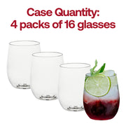 Image showing four elegant plastic drinkware pieces. Three of the stemless clear wine glasses are empty, and one is filled with a red beverage, garnished with lime and mint. The text above reads, "Case Quantity: 4 packs of 16 disposable Kaya Collection 12 oz. Clear Elegant Stemless Plastic Wine Glasses" in bold red font.